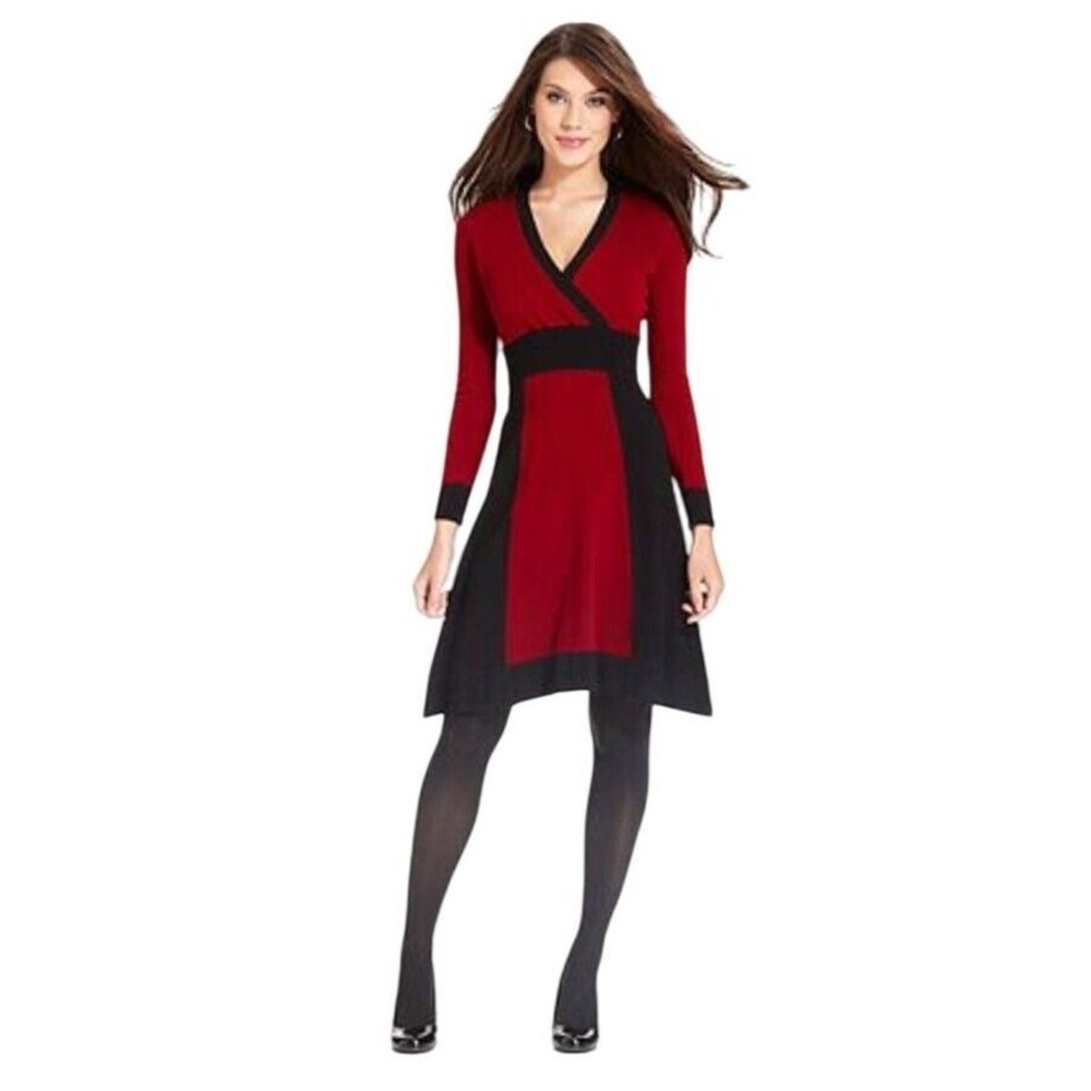 Alfani Womens Petite Black & Red Colorblock Wrap Dress P/S Rayon Blend Long Slee